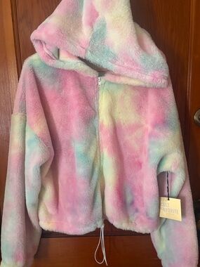 Girls' Plush Hooded Puffer Jacket in Pastel Tie-Dye